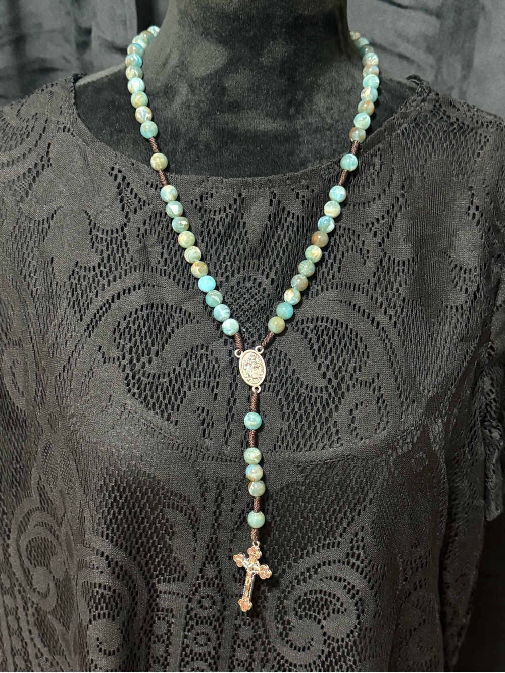 Turquoise Brown Multicolor Beaded Rosary Necklace with Cross Pendant NEW